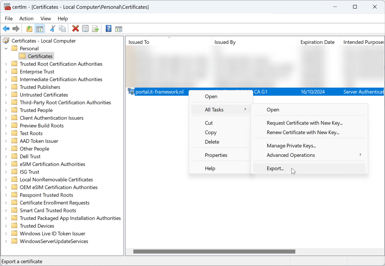 Export certificate
